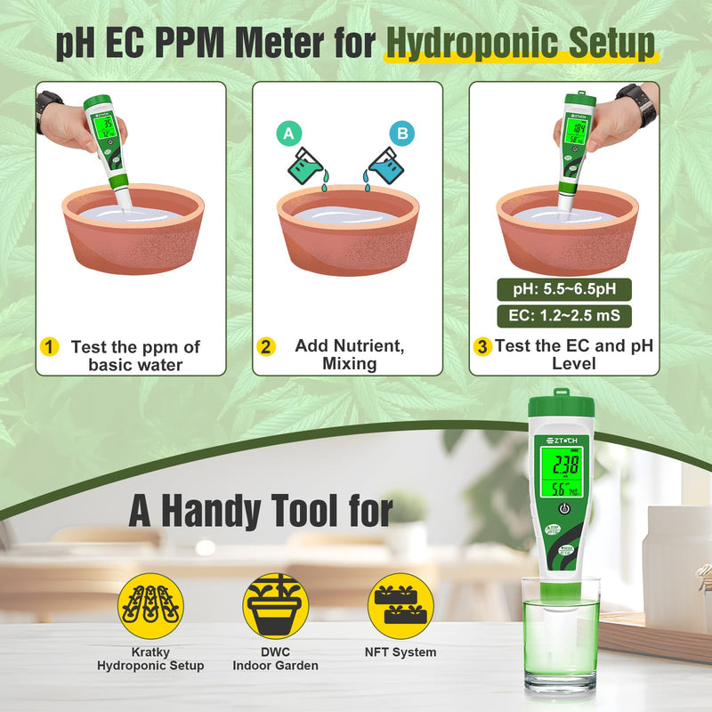 Hydroponic pH EC Meter, Water pH TDS PPM Meter with Simultaneous Display for Reservoir Nutrient Solution, pH EC Meter for Water Hydroponic DWC System Setup, Measure Conductivity for Aquaponics