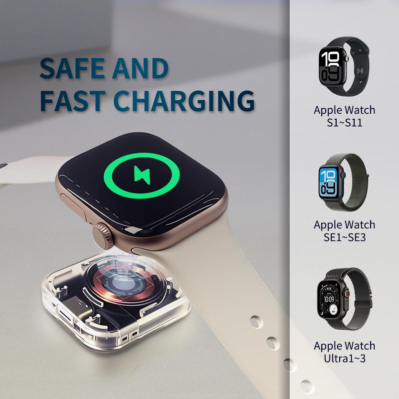 5W Magnetic Wireless Charger for Apple Watch S1-S11, SE 1-3, Ultra 1-3, Portable Fast Charging Adapter with USB-C Port, Transparent (Excluding Charging Cable)