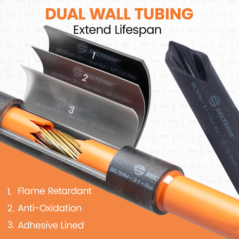 SELTERM 1/2" Black [50 Feet] Marine Grade Heat Shrink Tubing Roll, 3:1 Ratio Dual Wall Adhesive Lined Waterproof Heat Shrink Wrap Tube, for Battery Cable Lugs Wire Terminals Connectors 1/2" - 12.7MM