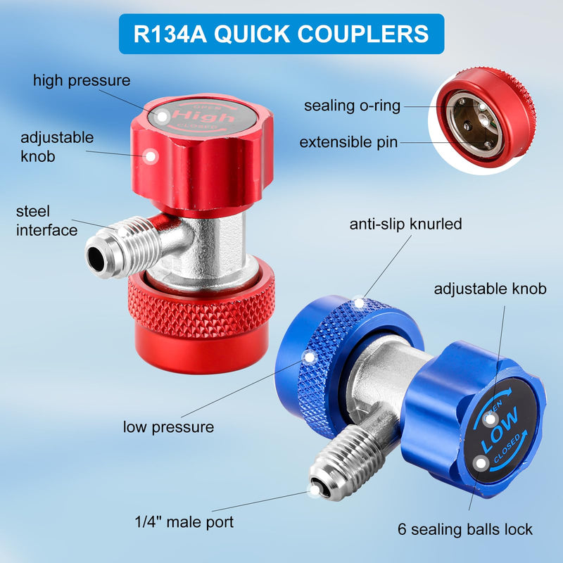 R134A Adapter Quick Coupler, R134A Quick Coupler Adapter, Adjustable R134A Adapters and AC Hose Fittings with 1/4" Flares, for R134A Car AC System Tee Adapter
