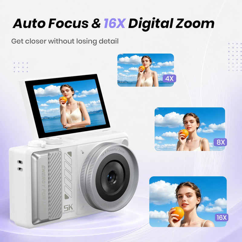 5K Digital Camera for Photography, 2026 Latest 80MP Autofocus WiFi Vlogging Camera for YouTube, 3'' 180° Flip Screen Compact Travel Camera for Beginners with 16X Zoom, 32GB TF Card, Flash (White) White