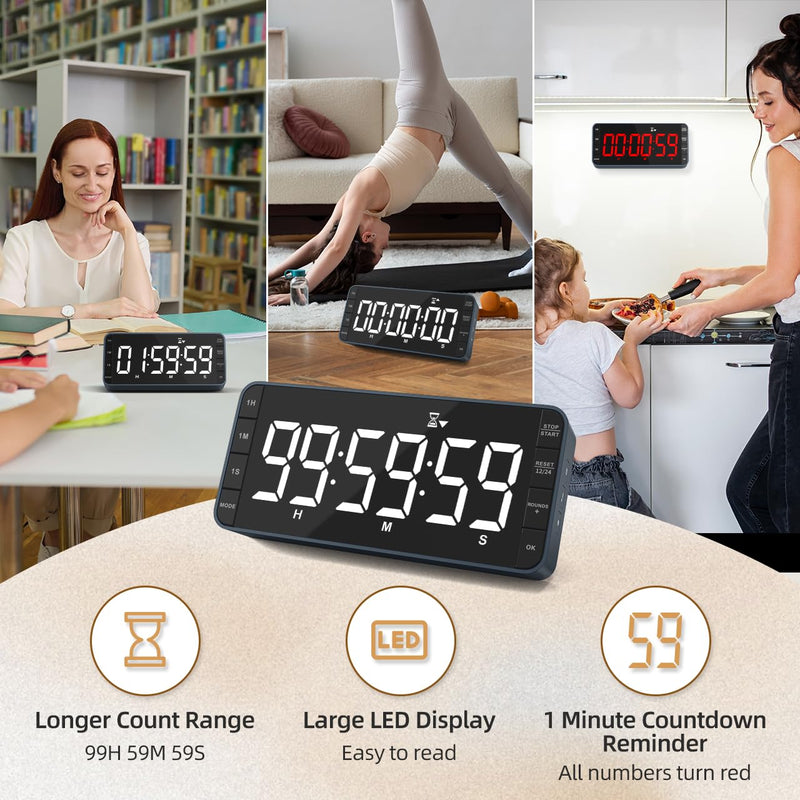 7.8'' Extra Large LED Kitchen Timer: 99H Countdown Countup with 3 Brightness, 5 Alarms & 4 Volume Levels, Magnetic Rechargeable Timer for Cooking, Classroom, Home Gym Navy Blue