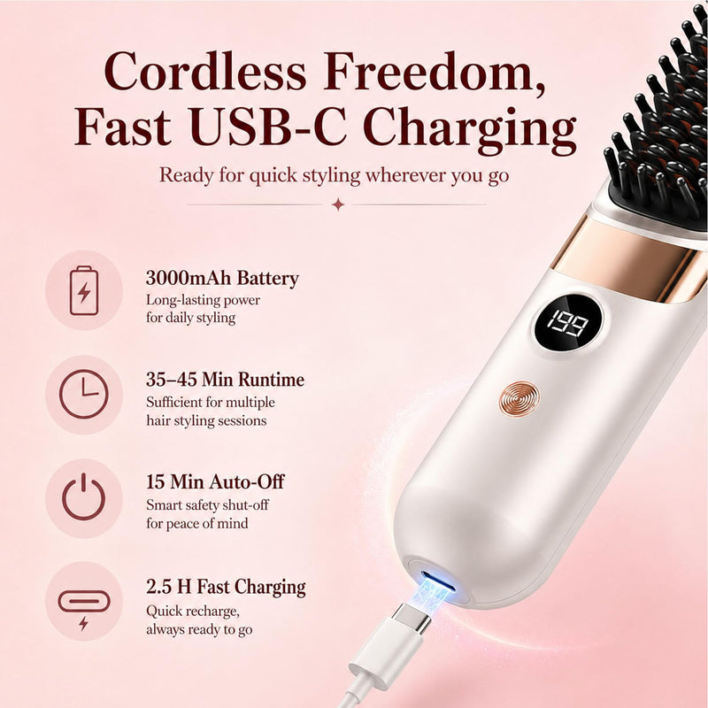  [AUSTRALIA] - Glow Wave Heated Brush, Cordless Hair Straightener Brush - Portable Rechargeable Ceramic Hair Styling Brush with 4 Adjustable Heat Modes & LED Display, Perfect for Travel & Everyday Use