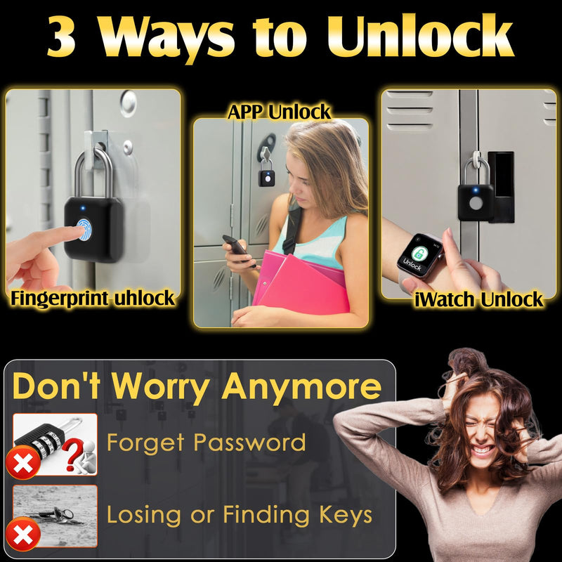 Fingerprint Padlock, Pothunder Smart Padlock, Locker Lock, Fingerprint Lock with APP Unlock, USB Rechargeable, Suitable for Gym Locker, Door(Black) Onyx Black