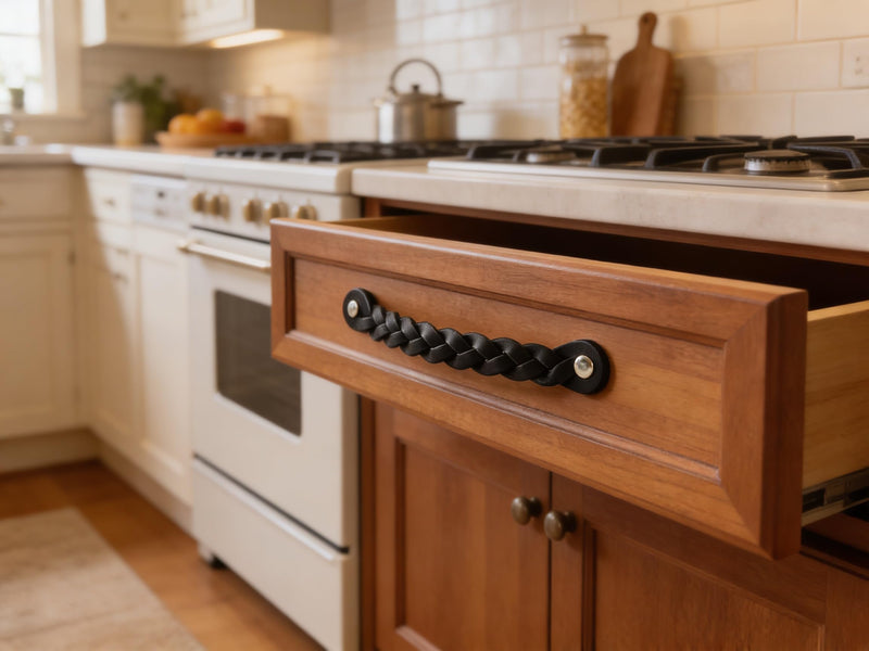 Brute Strength - Leather Drawer Pulls - Braided Black - 12 pcs - 6-1/2 x 1 '' - Leather Handle Dresser Pulls - Cabinet & Dresser Knobs 12 pieces