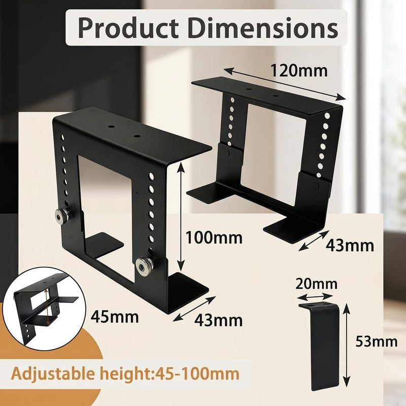 8-Level Height Adjustable Metal Under Desk Mini PC Mount Bracket | 1.8" to 3.9" height adjustable, with two different interchangeable lower components, Side Port Design, Space-Saving