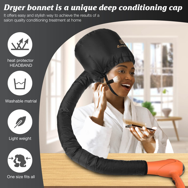 Bonnet Hood Hair Dryer Attachment - Soft, Adjustable Extra Large Bonnet Hair Dryer for Speeds Up Drying Time at Home, Easy to Use for Styling, Curling and Deep Conditioning (Black) Black