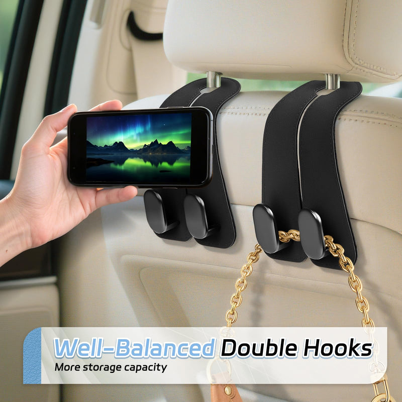 Car Seat Headrest Hooks - 2 Pack Universal Car Purse Hook, Leather Car Bag Purse Holder with Double Metal Hooks for Handbags, Grocery Bags, Bottles, Phones Black