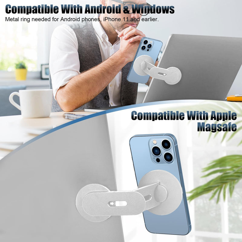 Updated Magnetic Laptop Phone Holder - Adjustable Continuity Camera Mount Stand Compatible with MagSafe, Slim Laptop Mount Computer Expansion Bracket for All Smartphone Silver
