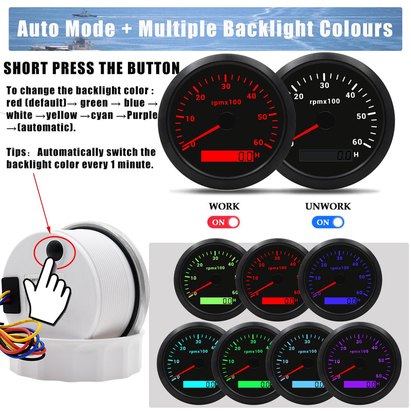 85MM RPM Tachometer Gauge 6000RPM Automotive Replacement Tachometers 0-6000 RPM Tacometro Meter LED for Car Auto Boat Truck Tachometer Gauge 7 Colors Backlight 9-32V 3-3/8" Black 6000 RPM