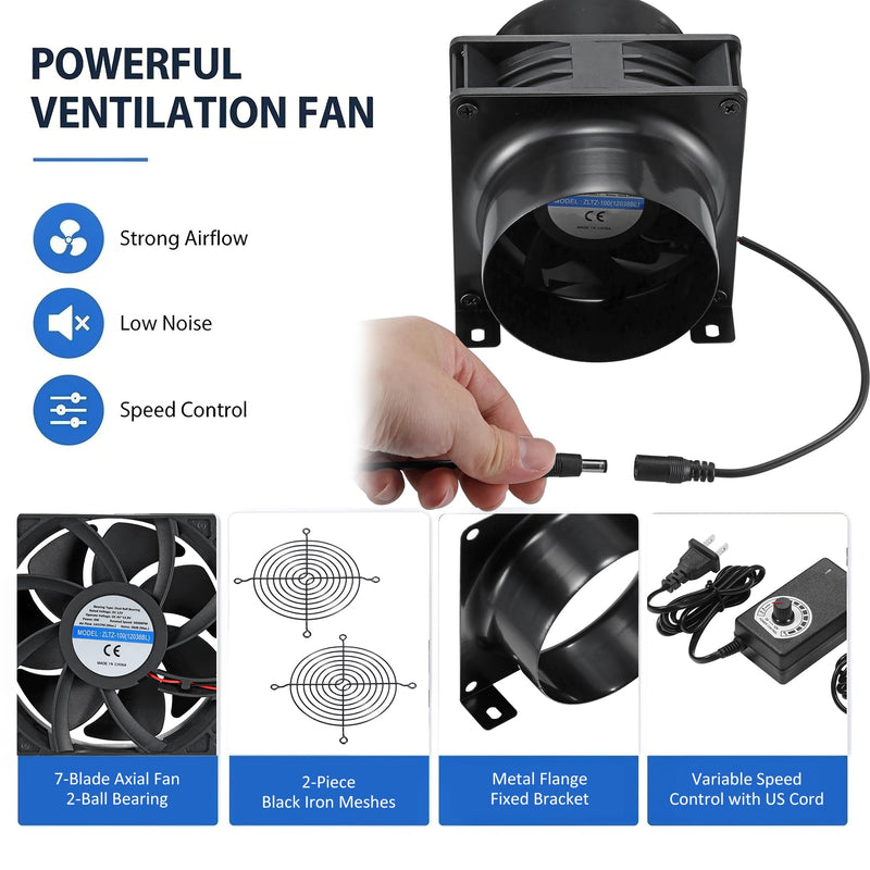 4" Axial Exhaust Fan, DC12V Air Fume Smoke Extractor | 120*38mm Muffin Fan, 3000RPM, AC Dimmer, 4inch Metal Flanges, DIY Kit for Soldering, 3D Laser, Paint Booth Metal Black Fan (Variable Speed) - DC Powered