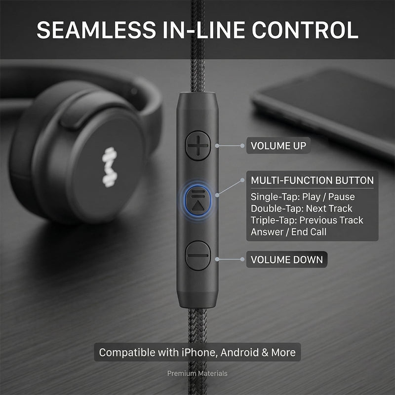 Wired Over-Ear Headphones, Mic, 3.5mm Plug, USB-C Adapter, Black | Foldable, adjustable headphones with soft cushions, inline mic, 3.5mm plug, and USB-C adapter for laptop, phone, and travel.