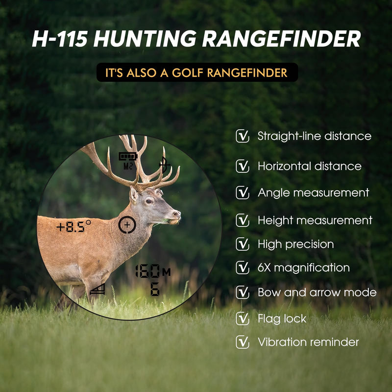 1500 Yards Hunting Rangefinder with Bow Hunting Mode (Angle, Height, Horizontal Distance), 6X Magnification, Speed Measurement - Lightweight Laser Range Finder for Archery Hunter, Model H-115