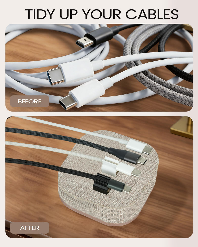 Magnetic Cord Holder, 5 Cable Clips, Desk & Nightstand Organizer | 2-In-1 Cable Management, Holds Up to 5 Cables, Anti-slip Base, Charging Accessory for Home, Office & Gift Giving Beige