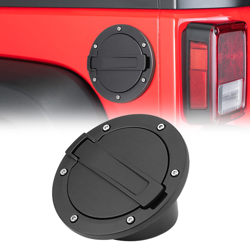 Fuel Filler Door Cap Black Gas Cover Cap Compatible with Jeep Wrangler 2007-2017 JK & Unlimited 2 door and 4 door + US Flag stickers cross bar Accessories，Aluminum+ABS Accessories