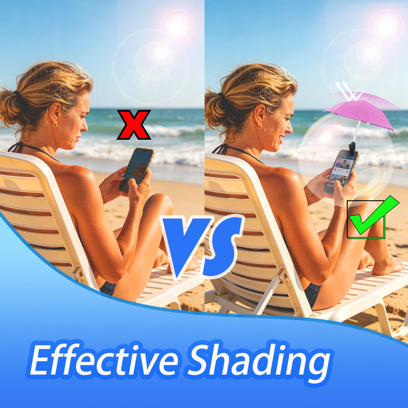 2Pcs Phone Umbrella for Sun, Umbrella for Phone Sun Shade with Adjustable Angle & Clip On Design, Compatible with iPhone & Android for Pool Beach Outdoor Blackout Anti-Glare Pink & Blue