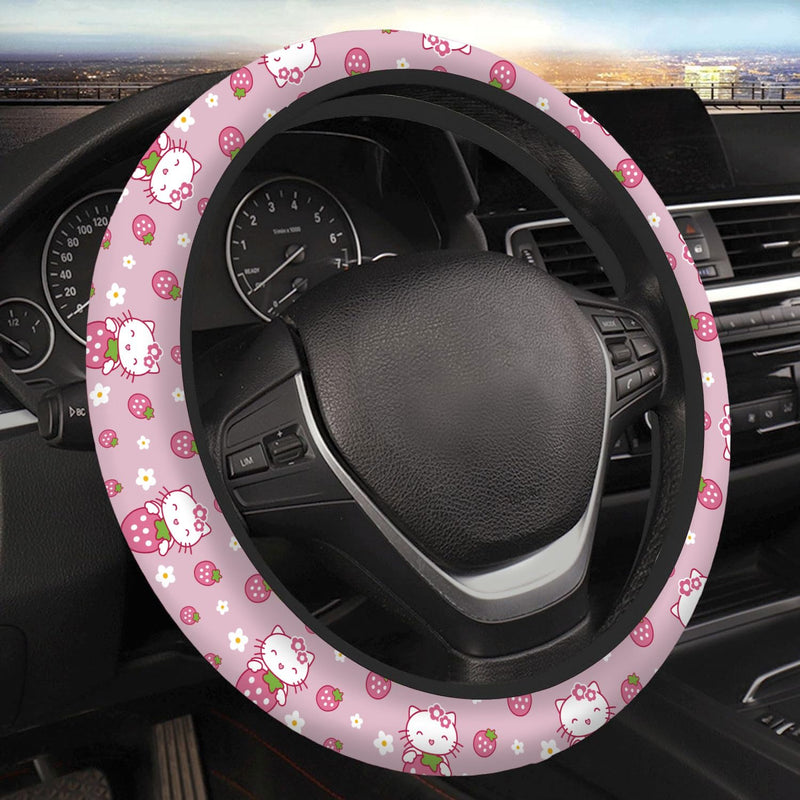 Kitty Accessories Car, Strawberry Pink Cat Wheel Cover, Y2K Car Accessories, Girly Steering Wheel Cover, Universal Fit 14.5-15 inch Auto SUV Vans Trucks, Anti-Slip and Sweat Absorption