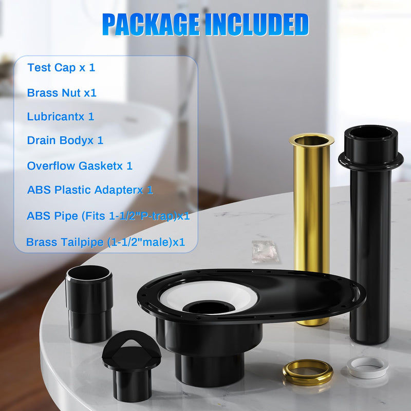 Upgrade Freestanding Tub Drain Kit - Brass & ABS Pipe, Anti-Backflow Leakproof, 1.5/2 Inch Pipe Fit, for Freestanding Bathtubs, floor-standing bathtubs, and island bathtubs Black