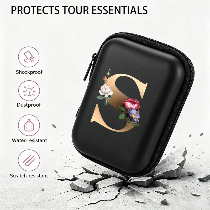 Letter And Flower Print Hard Shell Electronics Organizer, Shockproof Carrying Case for Cables, Earphones, Chargers, Ideal Gift for Travel & Daily Use，4.33 * 3.14 * 1.57 inch/SNB03-S Black-S