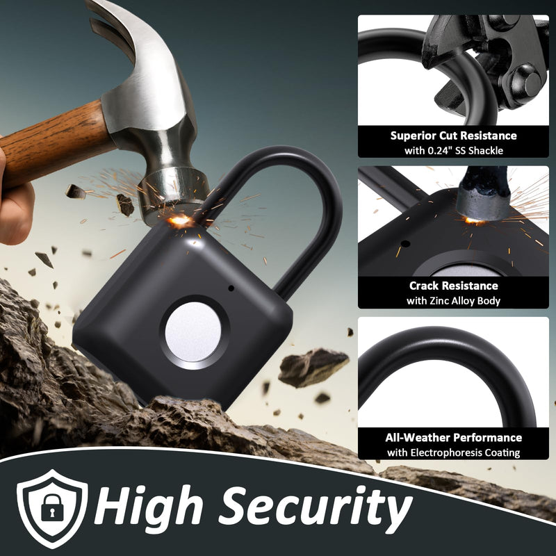 Pothunder Fingerprint Padlock, Smart Padlock, Locker Lock, Combination Lock, Fingerprint Lock with APP Unlock, USB Rechargeable, Suitable for Gym Locker, Door, Locker(Black) Black
