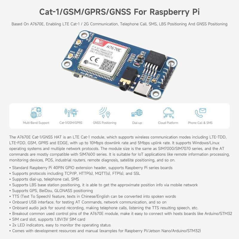 Waveshare Cat-1/GSM/GPRS/GNSS HAT, Compatible with Raspberry Pi, Based On A7670E Module, LTE Cat-1 / 2G Support, GNSS Positioning