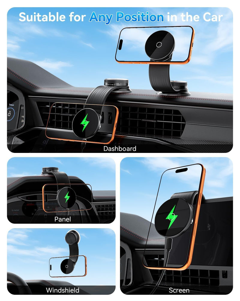 15W Magnetic Wireless Car Charger Mount, Flexible Bendable Aluminum Arm [360° Adjustable], Upgraded Adhesive Suction Cup Base, Dashboard Windshield Fast Charging Phone Holder for iPhone 17 Wireless Charging Holder