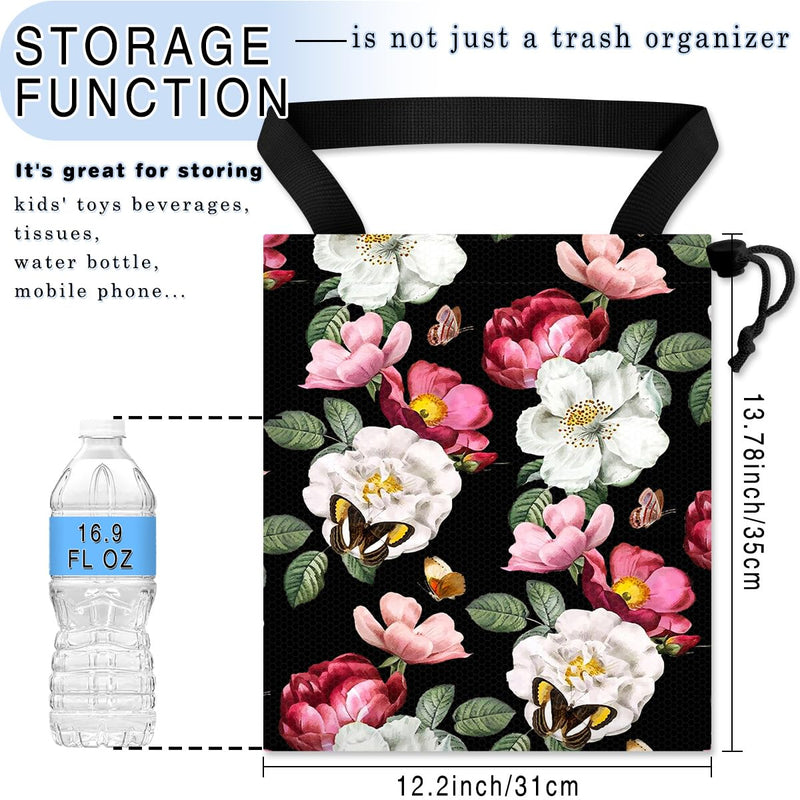 Car Trash Bag Hanging Back of Seat Waterproof Small Cute Printed One-handed Strap Drawstring Garbage Bags for Car-Black Floral Black Floral Car Trash Bag
