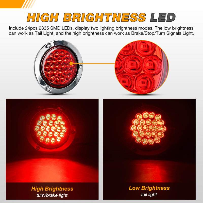 GOOACC 4Inch Round Tail Light 2PCS Red 24LED w/Stainless Steel Chrome Bezel Waterproof Stop Brake Turn Signals Lights for Truck Trailer RV Lorry Boat Tractor Red 24Led 2Pcs Screws