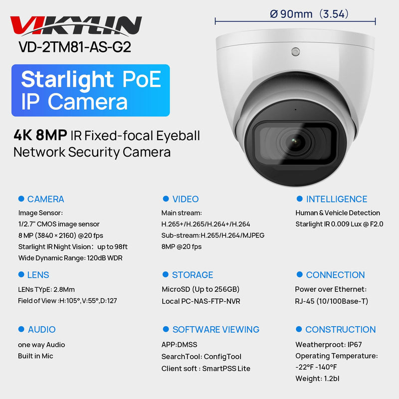 VIKYLIN 4K 8MP Starlight IP Security Camera Dome with Built-in Mic, 256GB SD Card Slot, 2.8mm Lens, 98ft IR,IP67, Indoor Outdoor PoE Surveillance Camera,DMSS/SmartPss Lite Moon White VD-2TM81-AS-D G2