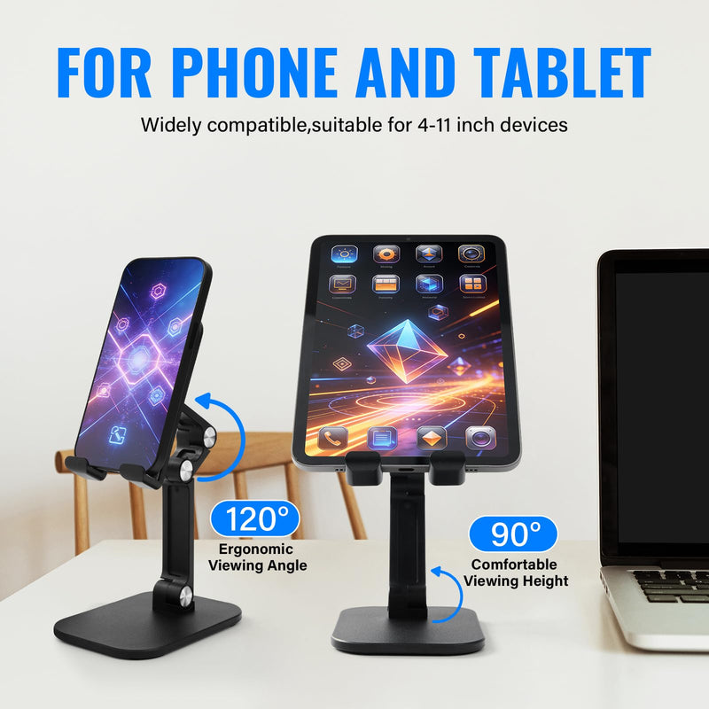 Foldable Desk Phone Stand, Adjustable Phone Holder, Heavy Non-Slip Base, Charging Hole, Thick Case Friendly Cradle for Most Smartphones, iPhone Samsung iPad Tablet Home Office Travel