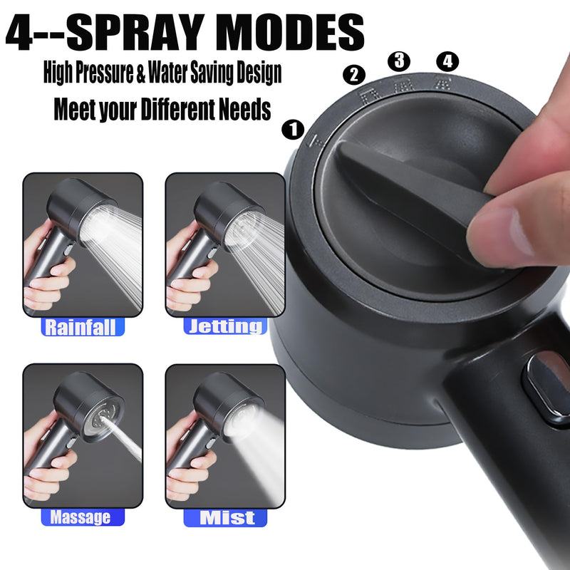 High Pressure Shower Head with Handheld, with Pause Switch 4 Spray Modes Water Saving Filter Showerhead, Showerhead Set with Hose, Bracket and Cotton Filter, Make Bathing Healthier (Grey) Gray