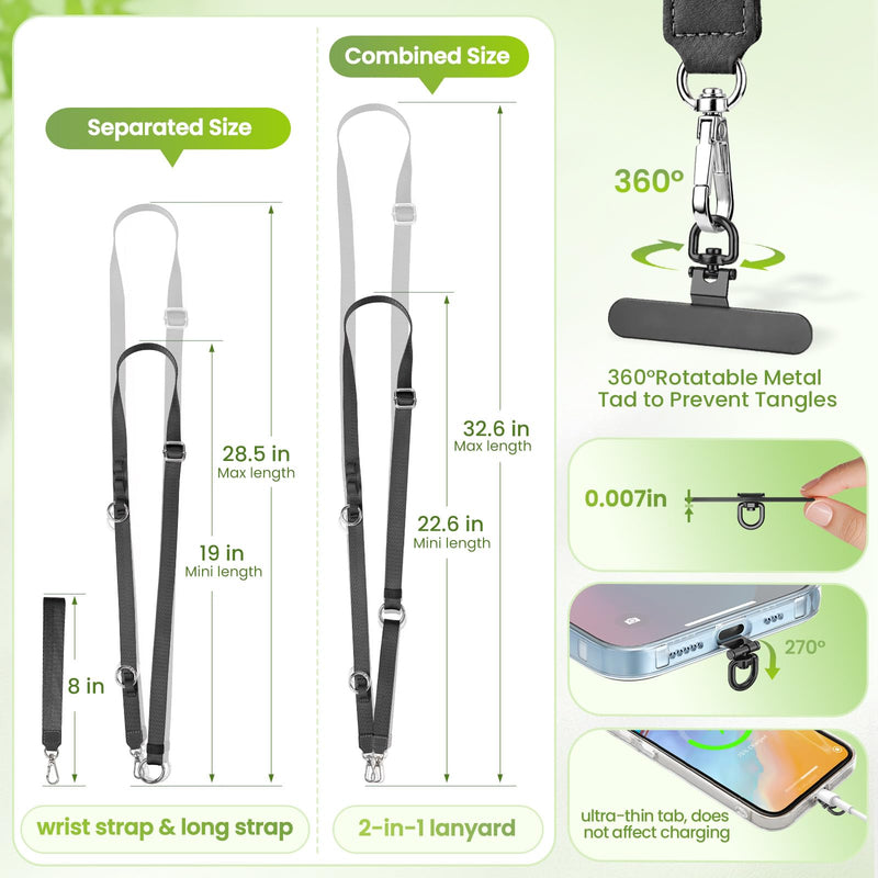 Multifunctional Phone Lanyard, 3 in 1 Cell Phone Detachable Adjustable Crossbody Strap & Neck Lanyard & Wrist Lanyard with 2x Tether Tab for Most Smartphones, Outdoor Travel Essential Black Blackx1