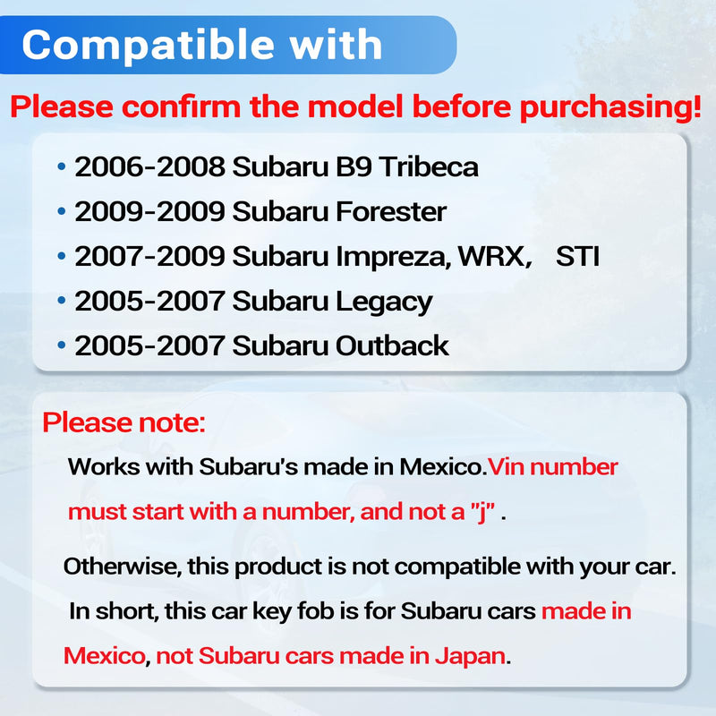 Key Fob Fits for Subaru B9 Tribeca 2006-2008/ Outback Impreza Forester | Fits for 2007-2009 Subaru Impreza, WRX，STI/ 2005-2007 Legacy Car Keyless Entry Remote Control NHVWB1U711