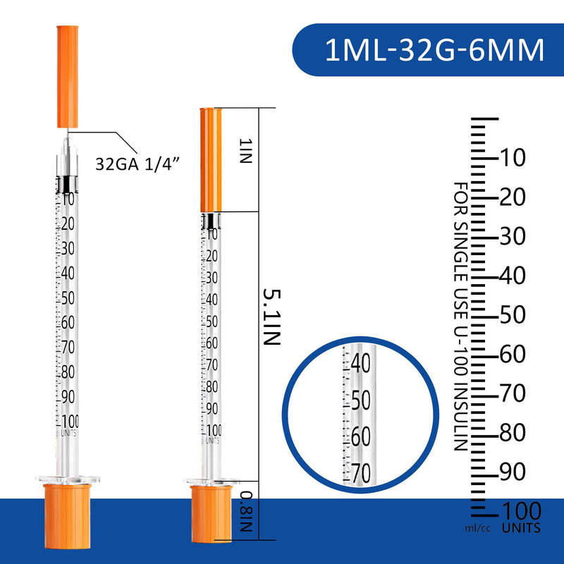 U-100 1ml Syringe 32G 1/4 Inch(6mm) , Syringes for Lab Supplies Dispensing Supplies, Individually Wrapped, Pack of 100 100 Pack IL-1ml-32G6mm