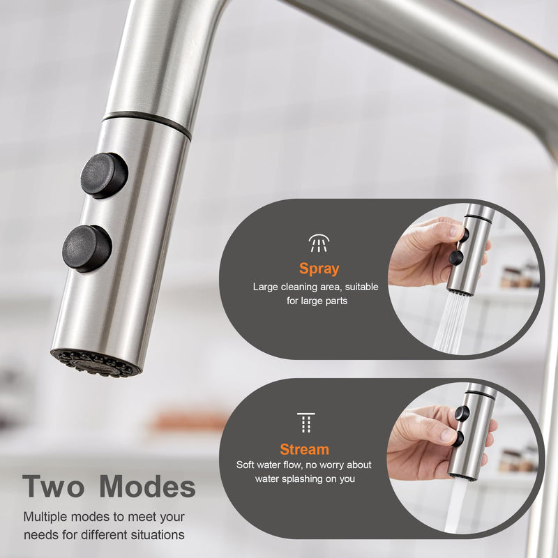 TIORIY Metal Kitchen Faucet Head Replacement, Pull Down Spray Head with 15 Adapters, 2 Function Kitchen Sink Spray Nozzle, Stainless Steel, Brushed Nickel
