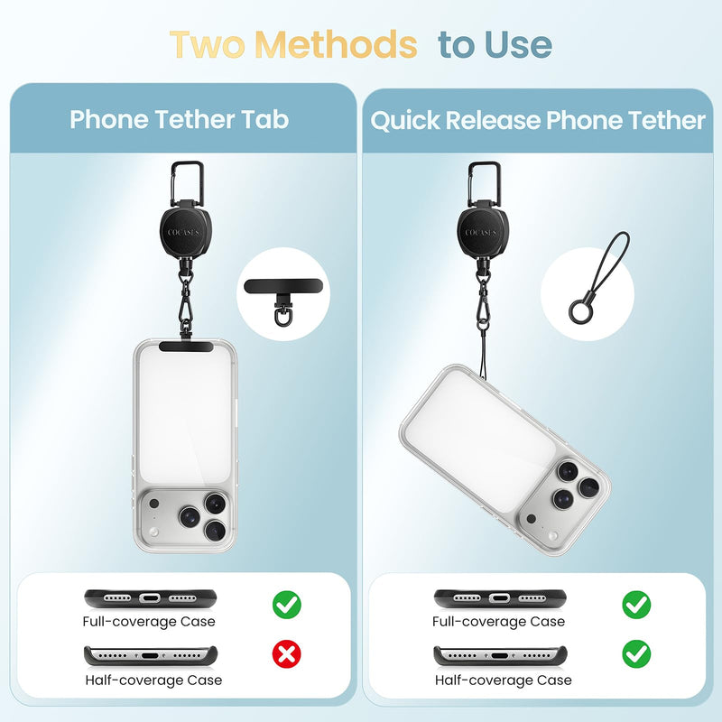 Anti-theft Phone Tether, Retractable Steel Line Phone Lanyard | Cell Phone Strap with Metal 360° Tether Tab and Carabiner for Outdoor Skiing Hiking Climbing Fishing Travelling, Black