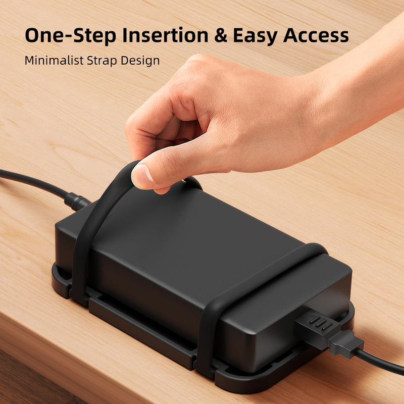 Upgraded Laptop Charger Holder,Adjustable Silicone Strap Power Brick Organizer With Heat Dissipation,Under Desk Cable Management Mount For Most Power Adapters,Chargers, Included Screws & Adhesive Black