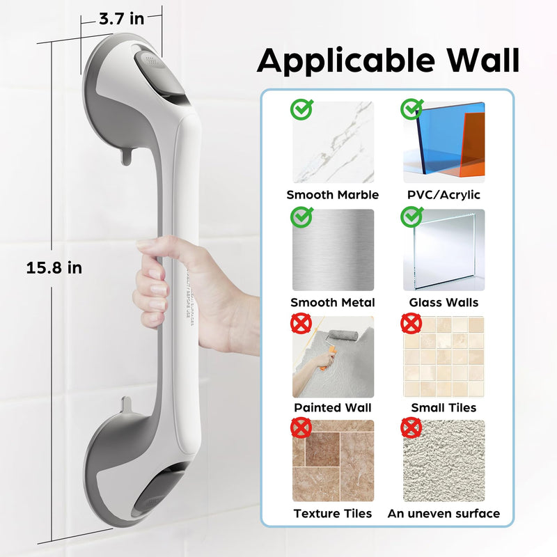 2 Pack 16 Inch Grab Bars for Bathtubs and Showers for Seniors, Heavy Duty Shower Handle for Elderly, Suction Cup Removable Handrails Handicap Bath Grip Bathroom Safety Grips (Gray 16″ Gray