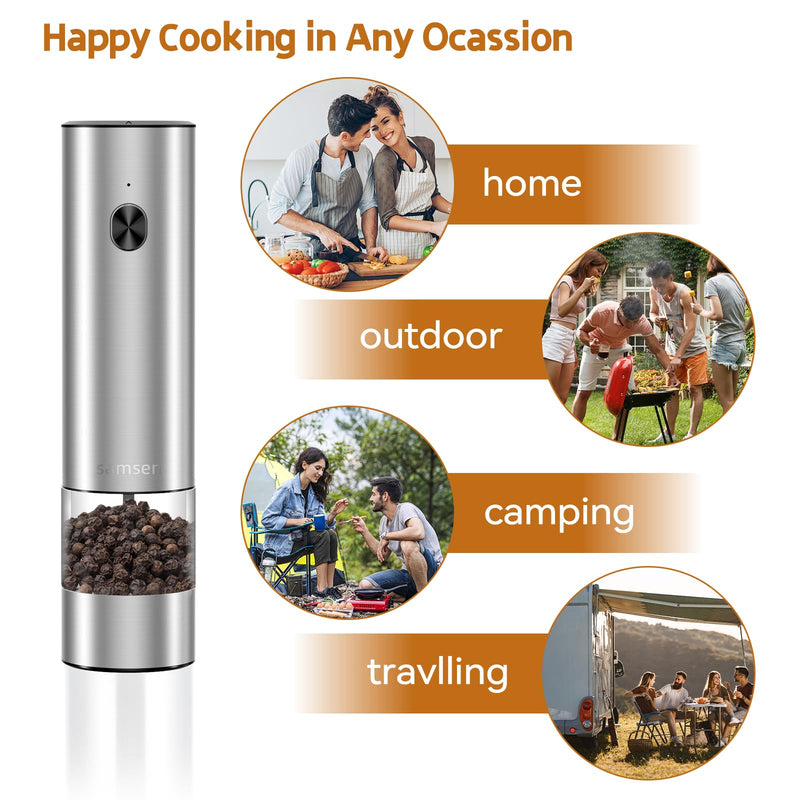 Stainless Steel Electric Pepper Grinder & Salt Mill Set - Battery Operated One-Hand Operation Adjustable Coarseness LED Light Transparent Container Easy Refill & Clean Push-Button Switch (2 Pack) Silver + two grinders