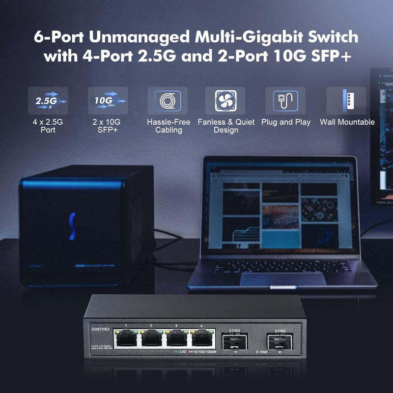 YuLinca 4 Port 2.5G Network Switch with 2x10G SFP, 2.5Gbps Network Hub Ethernet Splitter, Compatible with 100/1000/2500Mbps, Multi-Gigabit Fanless Unmanaged Metal Desktop Gaming Switch 4x2.5G + 2x10G SFP