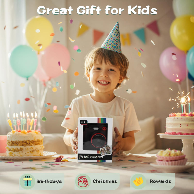 Kids Camera Instant Print, 1080P HD Dual-Lens Selfie Digital Camera with 5 Printing Paper Rolls & 32G TF Card, for Children, Portable Toddler Toy for Age 3-12 Boys & Girls (Black) Black