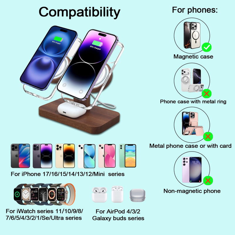 3 in 1 Wireless Charging Station for Apple Devices 24W Dual Phone Charging Station for 2 iPhone 17 16 15 14 13 12 Series iWatch 11 10 9 8 7 6 5 4 AirPod Magnetic Wireless Phone Charger Stand With Apple watch charger