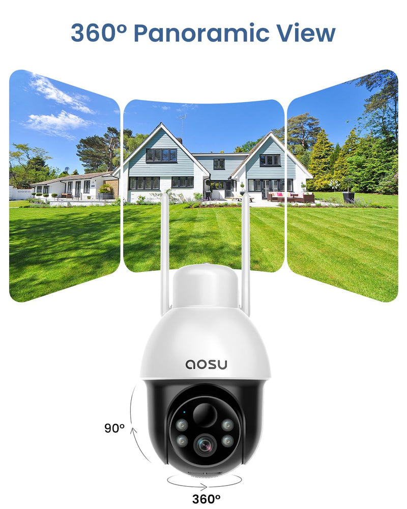 AOSU Solar Security Camera Wireless Outdoor with Panoramic PTZ, Human Auto Tracking, 2K Night Vision, Light and Sound Alarm, 2-Way Audio, Compatible with Alexa/Google Assistant Modern