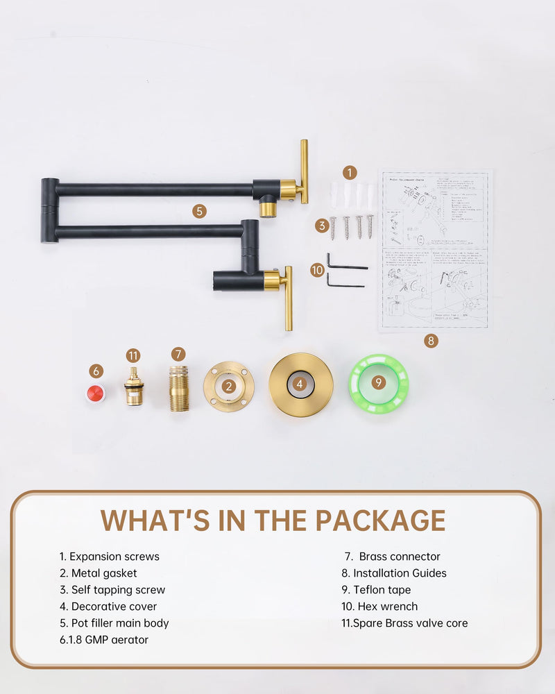 Fransiton Black Gold Pot Filler, Pot Filler Faucet Wall Mount, Brass Folding Stretchable with Double Joint Swing Arm Single Hole Two Handles Kitchen Black & Gold