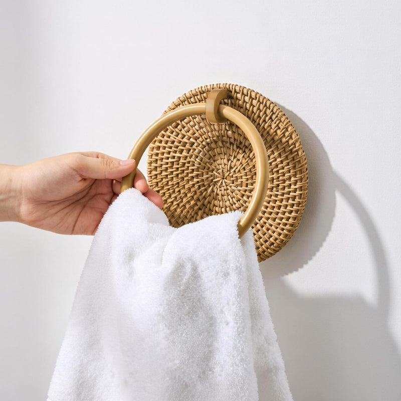 Mifoci Rattan Towel Ring Rack, Natural Woven Rattan Towel Hanger for Bathroom Wall Decor, Wood Rustic Farmhouse Bathroom Decor Accessories, Standard Wall Mount, Easy Installation