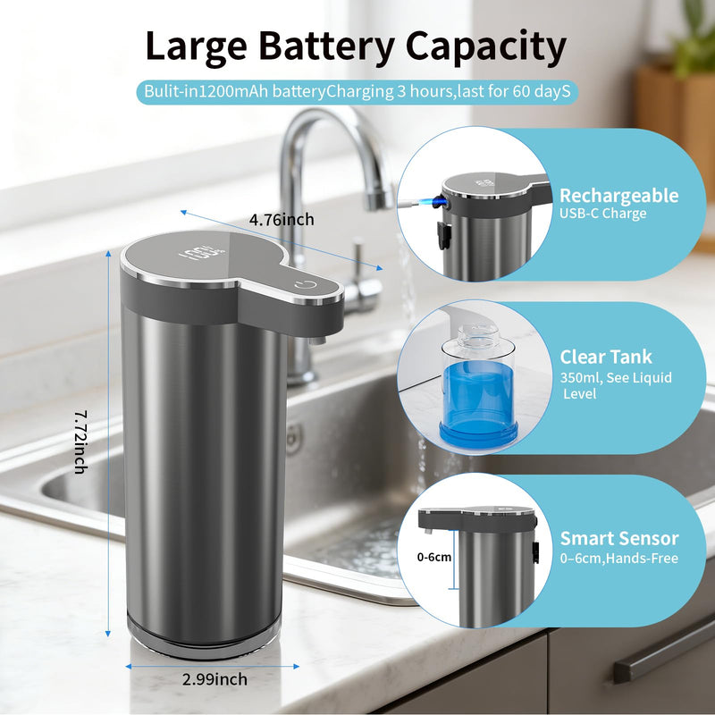 Automatic Liquid Soap Dispenser, 12oz Rechargeable Touchless Hand Soap Dispenser, 4 Levels Adjustable Infrared Sensor Dish Soap Dispenser for Bathroom,Kitchen,Hotel St-01 Liquid Gray