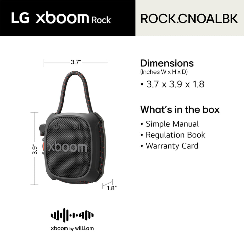 LG xboom Rock by will.i.am, Portable Outdoor Bluetooth Speaker, up to 10 Hours, IP67 Dust and Water Resistant, Adjustable Mounting Cord, Black