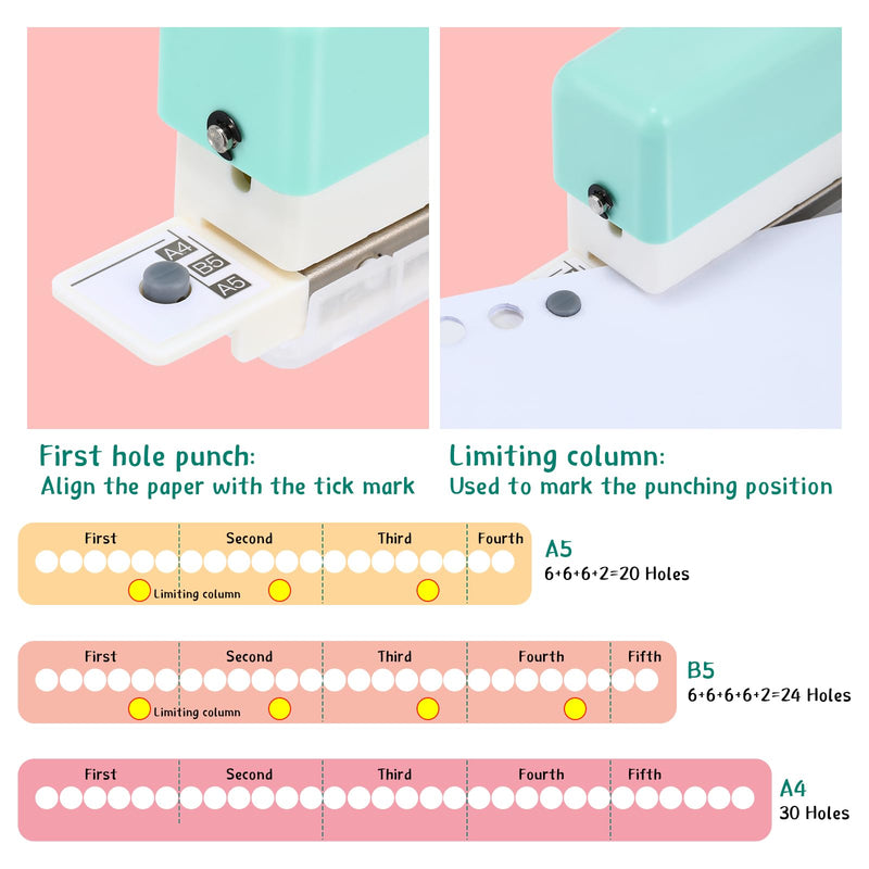 ReliThick 52 Pcs Binding Machine Set Includes 1 Pcs 6 Holes Binder Punch 1 Pcs Single Hole Binder Machine 20 Pcs 5 Ring Plastic Loose Leaf Binder Rings 30 Pcs Small Binder Rings for Home Office
