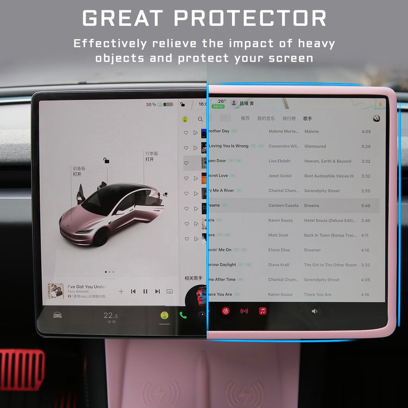 3PCS Center Console Accessories for Tesla New Model Y Juniper 2025 Model 3 Highland 2024 Cup Holder Insert, Screen Edge Protector Frame, Wireless Charger Mat Silicone, Pink New Model 3/Y