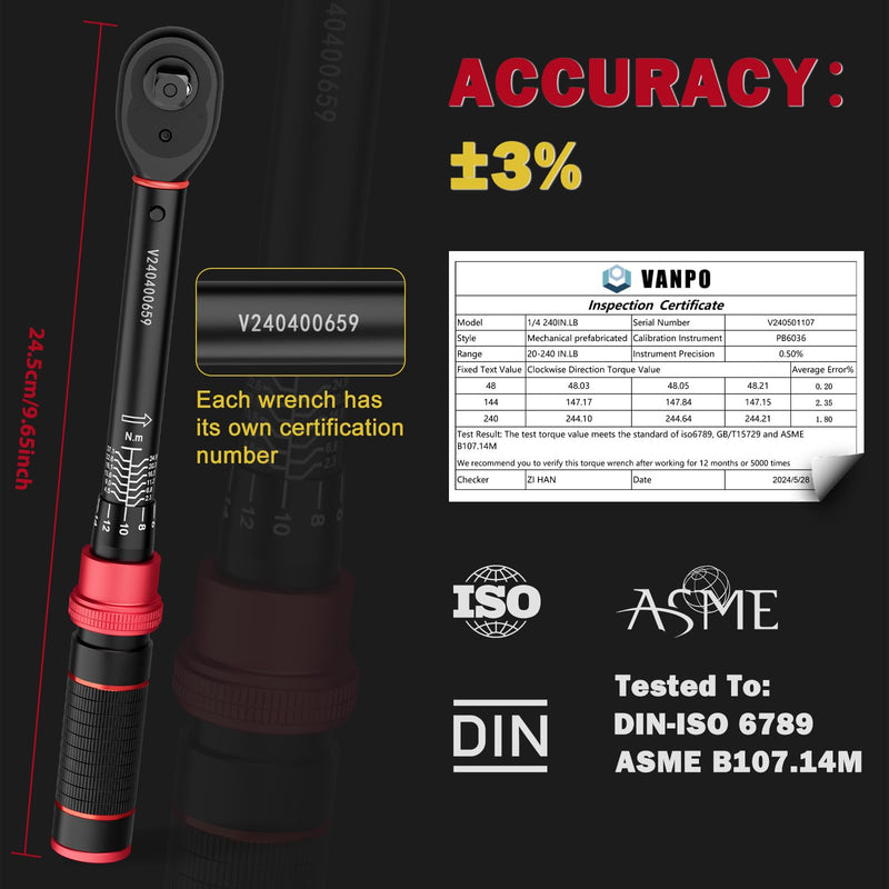 1/4-inch Drive Click Torque Wrench, 20-240 in. lb/2.3-27.1 Nm, Inch Pound Torque Wrench Set with 1/4" to 3/8" Adapter, 10cm Extension Bar, Small Bike Torque Wrench for MTB, Bicycle Maintenance 1/4-Inch 20-240 In.lb/2.3-27.1 Nm